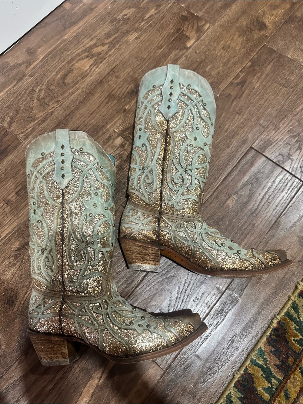 Corral Teal and Gold Glitter Embellished Western Boots - Picture 2 of 11